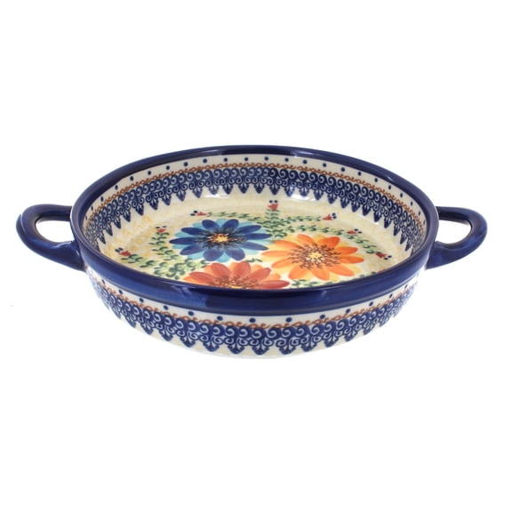 Blue Rose Polish Pottery Autumn Burst Small Round Baker with Handles