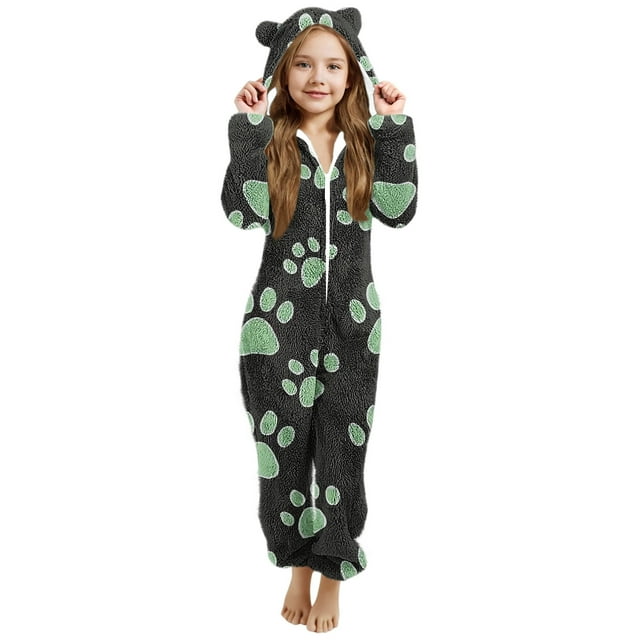 Pyjama pour Filles, Combinaison de Nuit Chaude d'Hiver à Manches Longues avec Capuchon, Combinaison Pyjama pour Filles