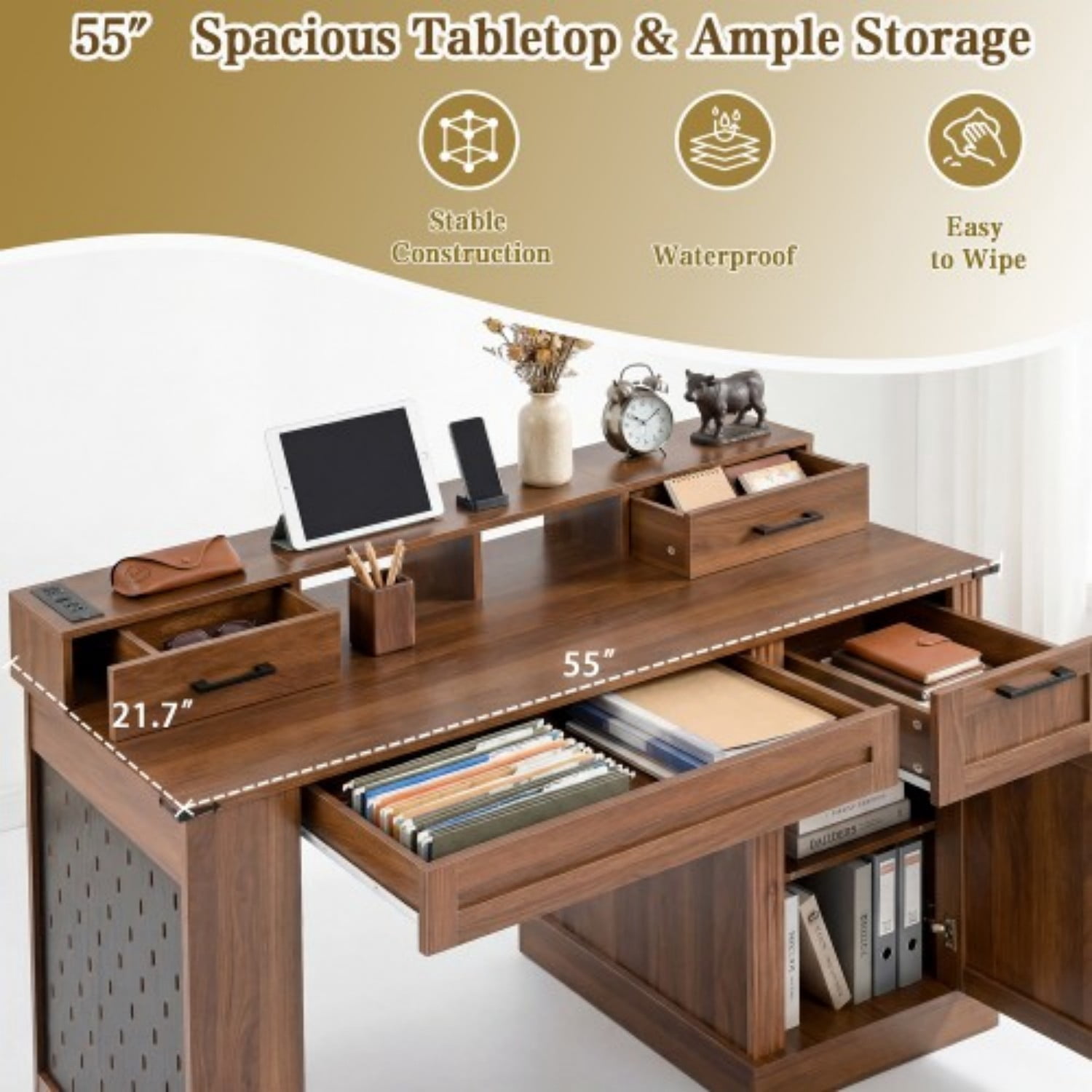 55" Farmhouse Computer Desk with Storage Cabinet & Charging Station, Barn Door Writing Desk with Keyboard Tray, Monitor Stand, Pegboard, Drawer & Adjustable Shelf for Home Office, Walnut