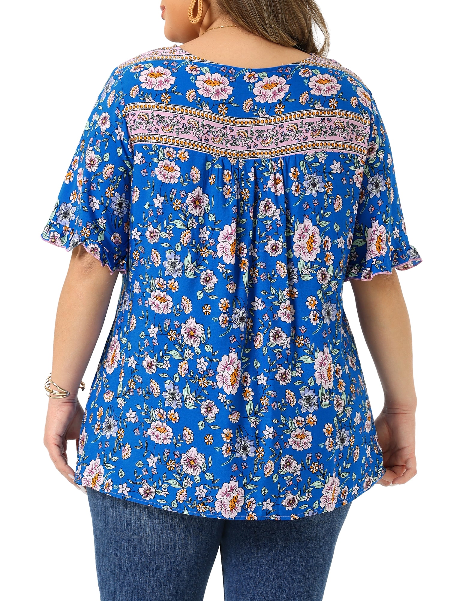 DARING DIVA Women's Plus Floral Print V Neck Boho Casual Loose Blouse 2X Blue
