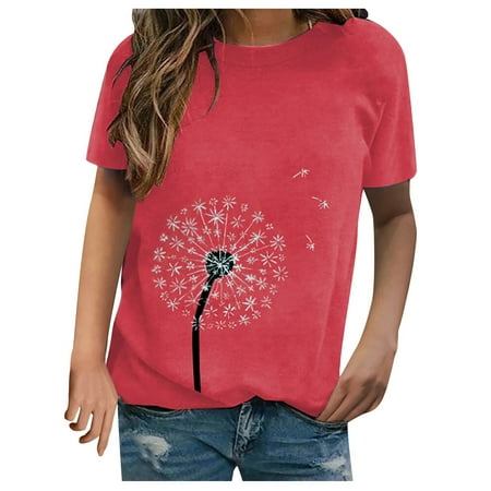 

LWZWM Women s T Shirt Dressy Casual Blouse Sexy T-Shirt Round Neck Short Sleeve Casual Fashion Dandelion Red M