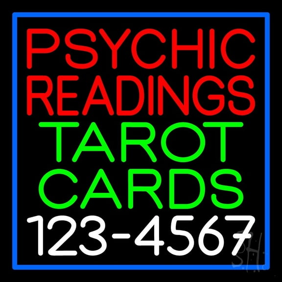 Psychic Readings Tarot Cards With Phone Number LED Neon Sign 24" Tall x 24" Wide - inches Black Square Cut Acrylic Backing, with Dimmer - Bright and Premium built indoor LED Neon Sign for Storefront.