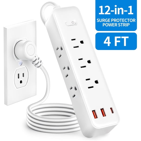 Surge Protector Power Strip, 9 Outlet 3 USB Ports with 4 ft Extension Cord, 12-in-1 Flat Plug Power Strip Surge Protector, Multi Outlet Wall Plug for Home Office Dorm Room Essentials