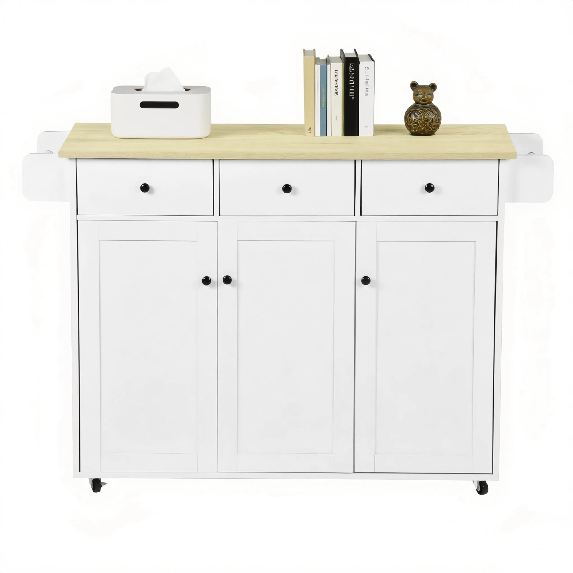 Mobile Kitchen Island Cart with Folding Drop Leaf, Light Oak Top Rolling Storage Cabinet with Drawers, Lockable Wheels & Towel Rack for Kitchen