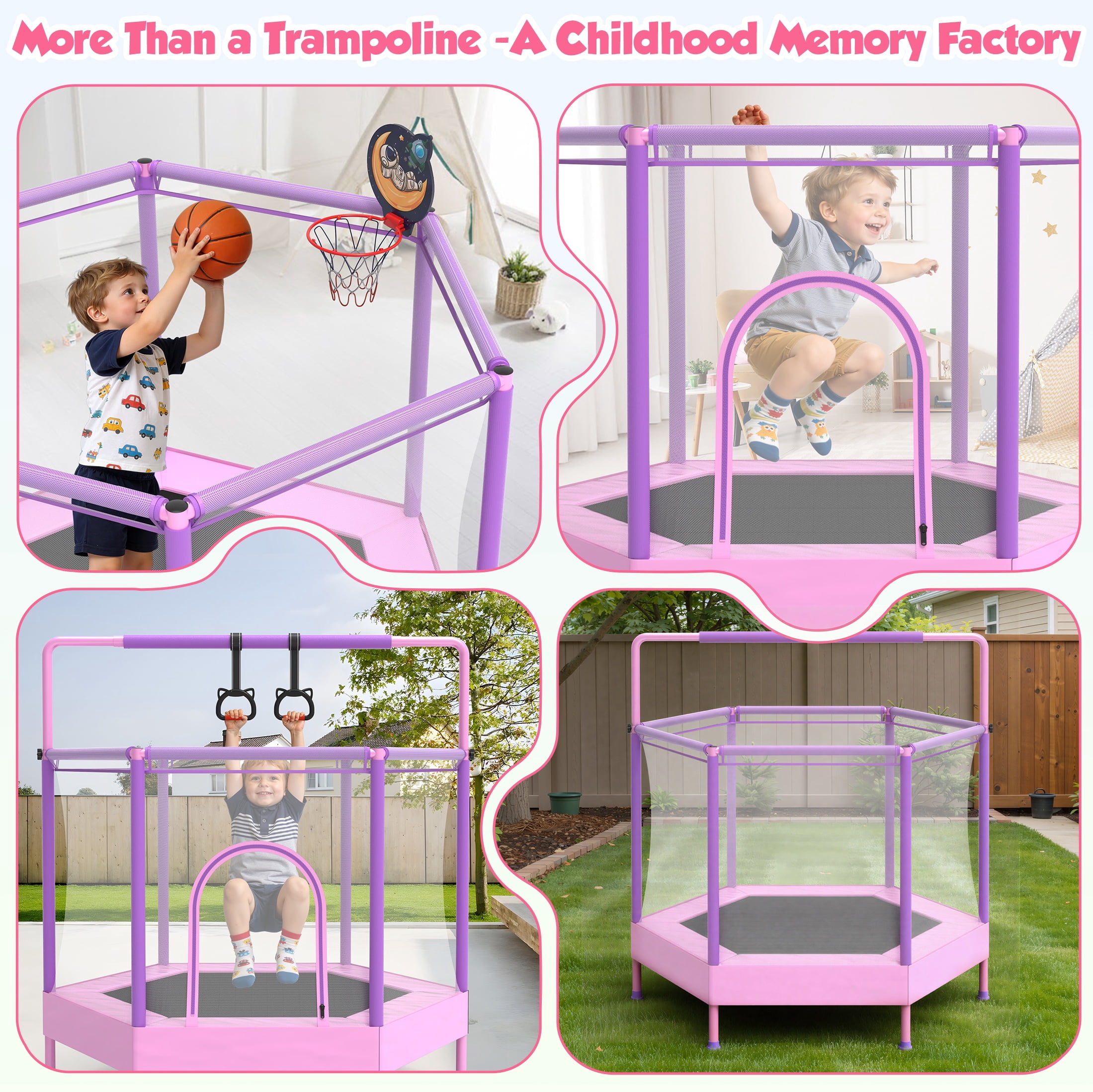 60" Mini Trampoline for Kids with Enclosure, Shinpt Indoor & Outdoor Toddler Trampoline, Upgrade Full Anti-Rust Tube with Adjustable Gymnastics Bars, Small Trampoline for Boys & Girls