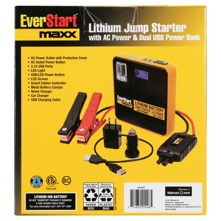 Everstart Maxx SS120LE Compact 800 Peak Amp Jump Starter with Dual USB Power Bank and AC Power