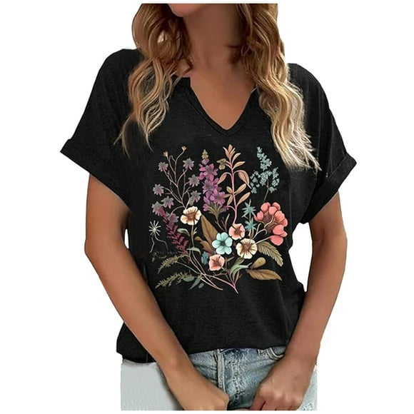 Fgnfyis Women 2025 Western Shirts Women Outfits Rodeo Horse Graphic Tees Vintage Print Short Sleeve Womens T Shirt Casual V Neck Tops Womens Summer Tops Black XXL