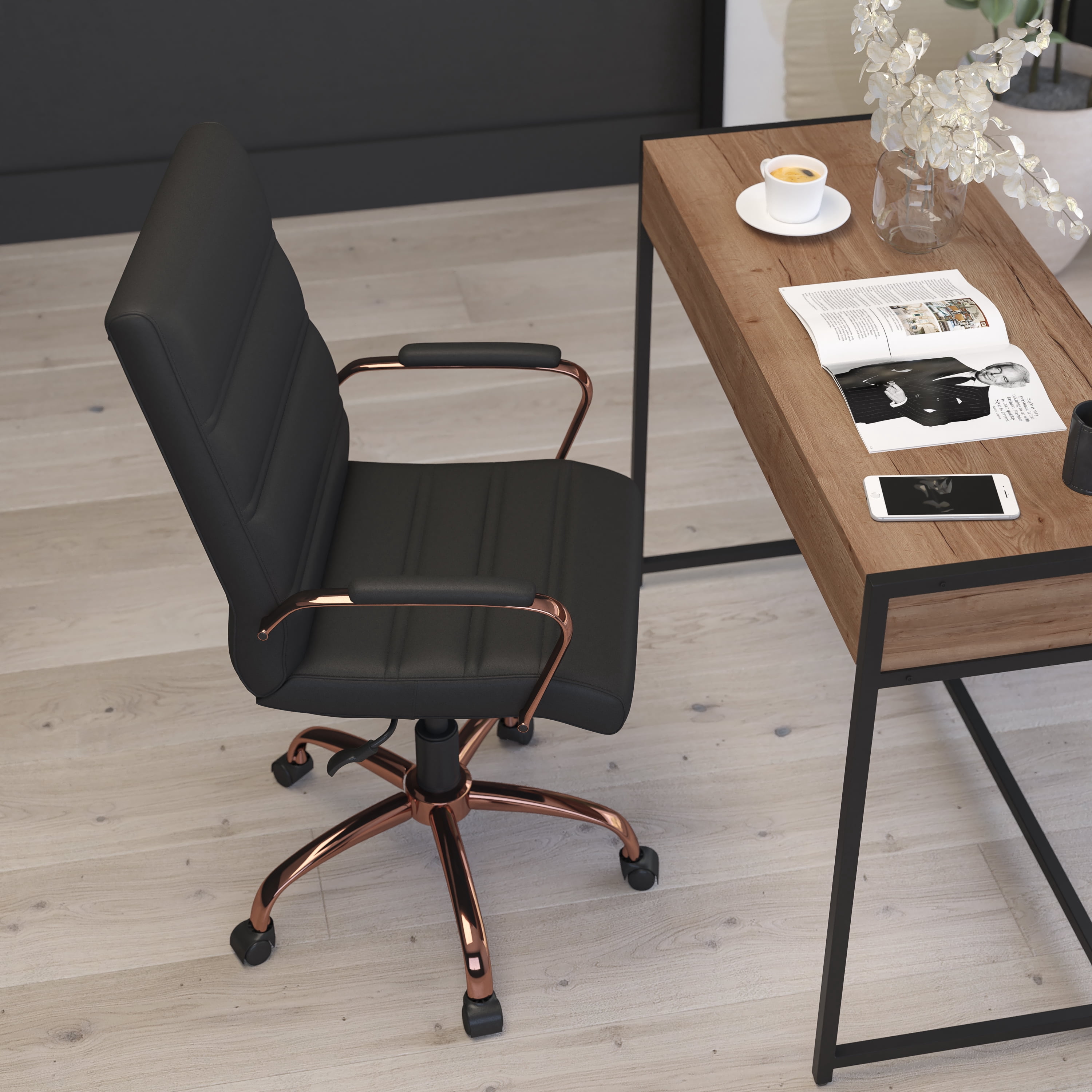 Merrick Lane Contemporary Mid-Back Black Faux Leather Home Office Chair with Padded Rose Gold Arms