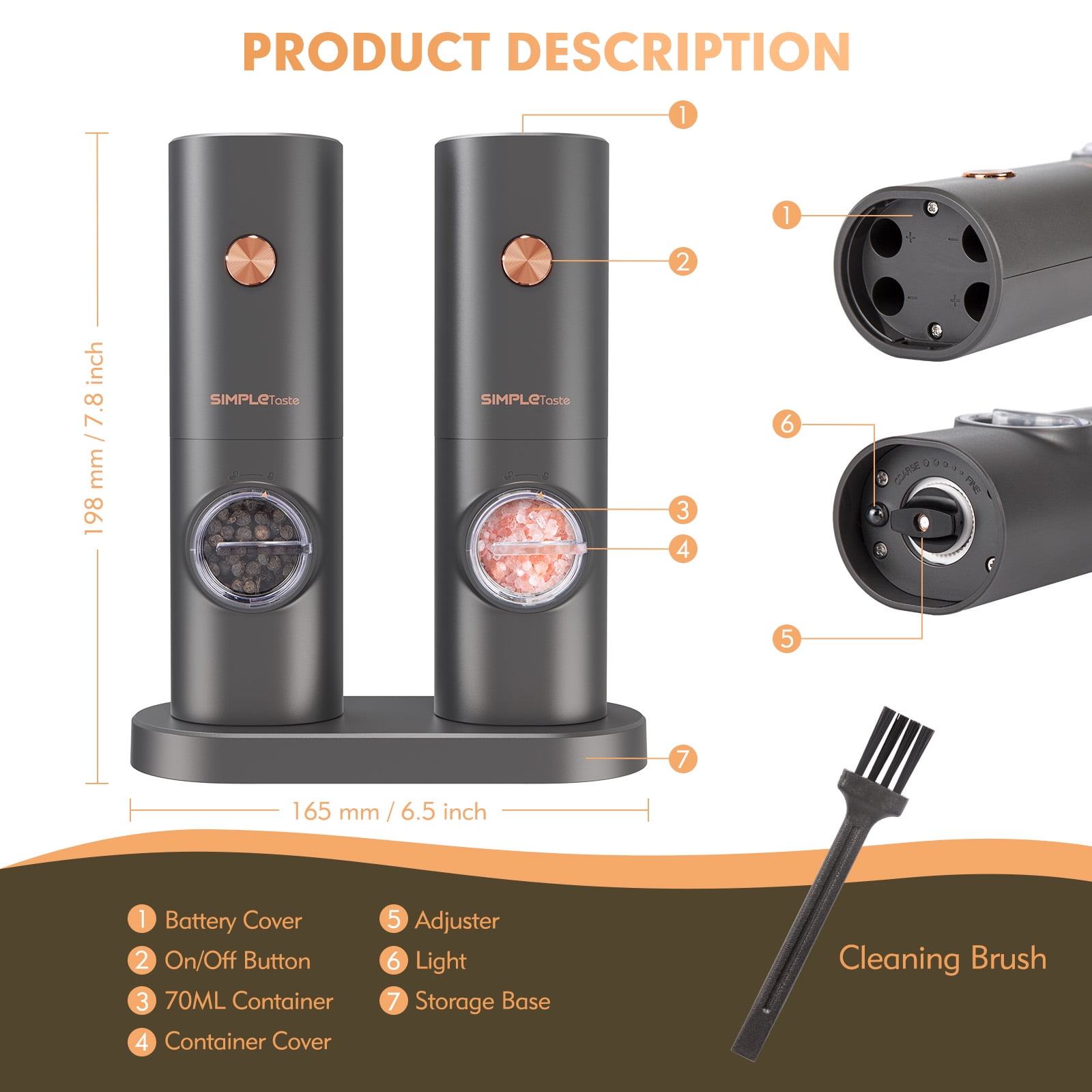 SIMPLETASTE Electric Salt and Pepper Grinder Set, Automatic One-Hand  Operation, Light and Adjustable Coarseness, Stainless Steel 