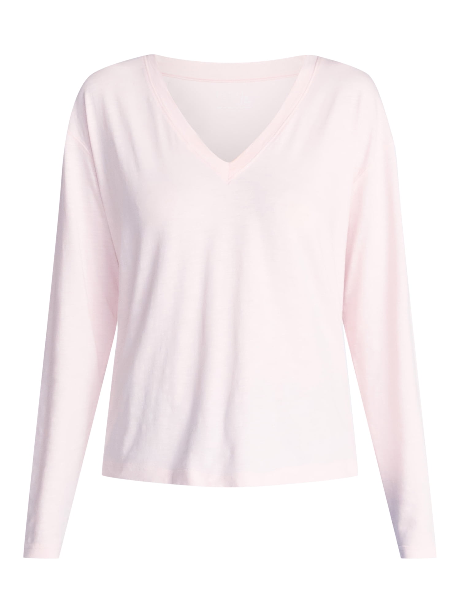 Time and Tru Women's Boxy Slub V-Neck Tee with Long Sleeves, Sizes XS-XXXL