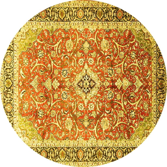 Ahgly Company Machine Washable Indoor Round Medallion Yellow Traditional Area Rugs, 3' Round