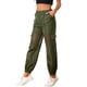 thumbnail image 4 of Pantalones cargo elásticos de malla para mujer de cintura alta, estilo holgado, color verde ejército, 4 of 6