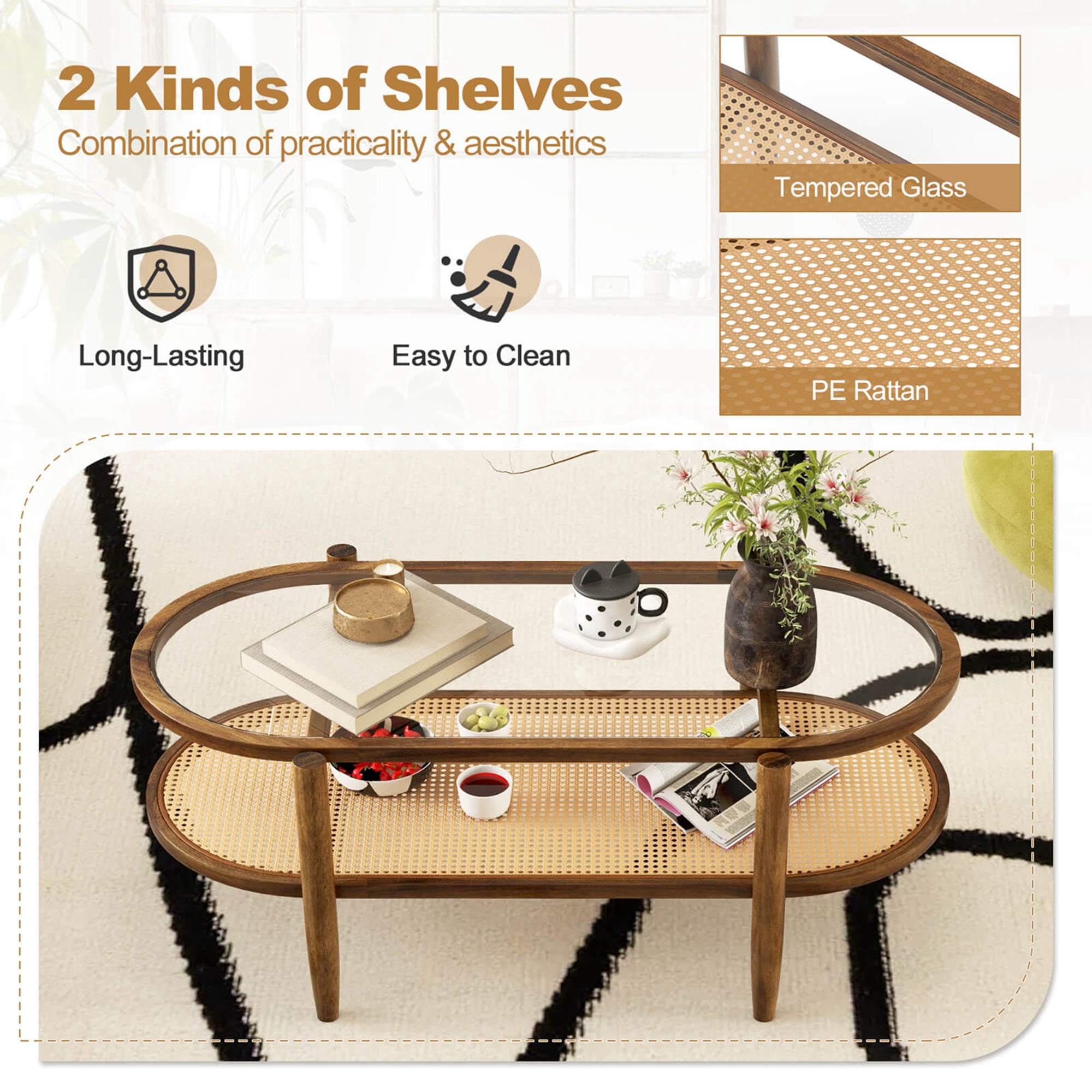Costway 2-Tier Coffee Table Tempered Glass Top with PE Rattan Shelf & Acacia Wood Frame Brown