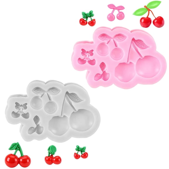 NOGIS 2pcs Cherry Silicone Molds, 3D Cute Cherry Chocolate & Fondant Molds for Cake Decorating Cupcake Toppers Candy Jelly Gummy DIY Sweets Fruit Snacks Polymer Clay (Pink Gray)