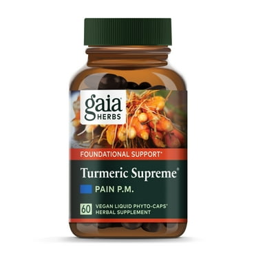 Gaia Herbs Turmeric Supreme Pain P.M., Turmeric Curcumin Supplement, Promotes Relaxing Sleep and Healthy Pain Response, Kava and Valerian, Vegan Liquid Capsules, 60 Count