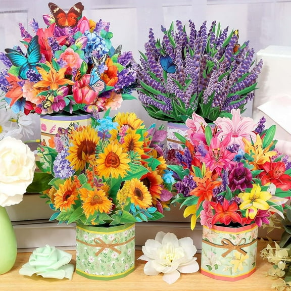 4 Pack 3D Paper Flower Pop Up Cards, Flower Bouquet Card Popup 3D Greeting Cards for Mother's Day, Graduation, Anniversary, Birthday, Congratulations, Get Well, Home Decor, with Envelope