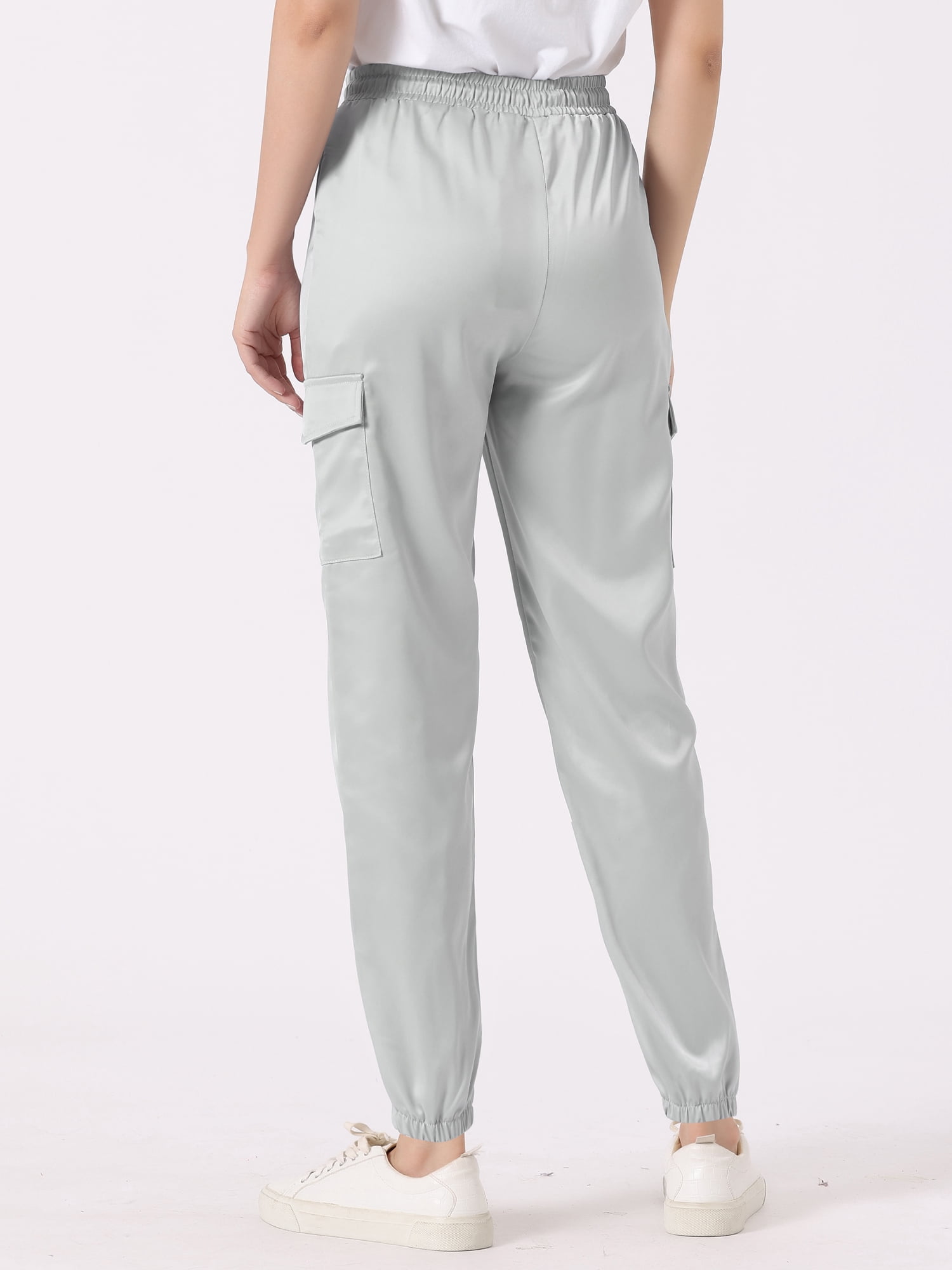 DARING DIVA Women's Drawstring Elastic High Waist Satin Cargo Pants S Light Grey