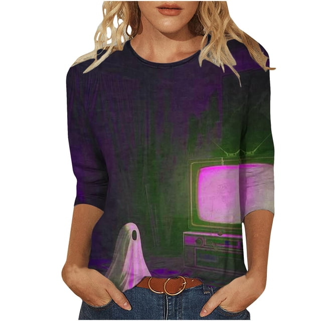 PEZHADA T-Shirts pour Femmes Mode Décontractée Imprimé Halloween Col Rond Manches 3/4 T-Shirt Tops Femmes Tops Manches 3/4 pour Femmes
