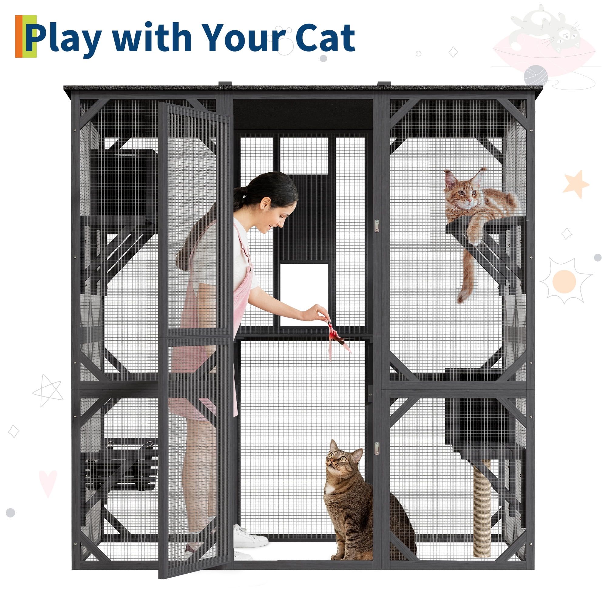 Kicctian Spacious Outdoor Wooden Cat Enclosure Catio - Large Walk-In Cat Cage with Waterproof Roof, 4 Platforms, 2 Rest Boxes, Scratching Post, Hammock, Sliding Doors, Window Access -Grey
