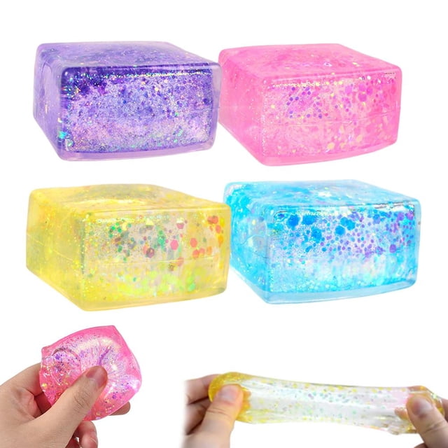 4 Pack Glitter Ice Cubes,Soft Cube Sensory SquishyFidget Toys,Ice Cube SquishyMalt Sugar Stress Balls,Slow Rise Stress Cubes for Adults,Square Squeeze StressBalls for Anxiety StressRelief,PartyFavors