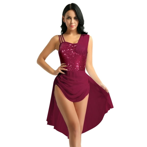 iEFiEL Womens Chiffon Lyrical Ballet Dance Dress Shiny Sequins High Low Modern Dance Dresses
