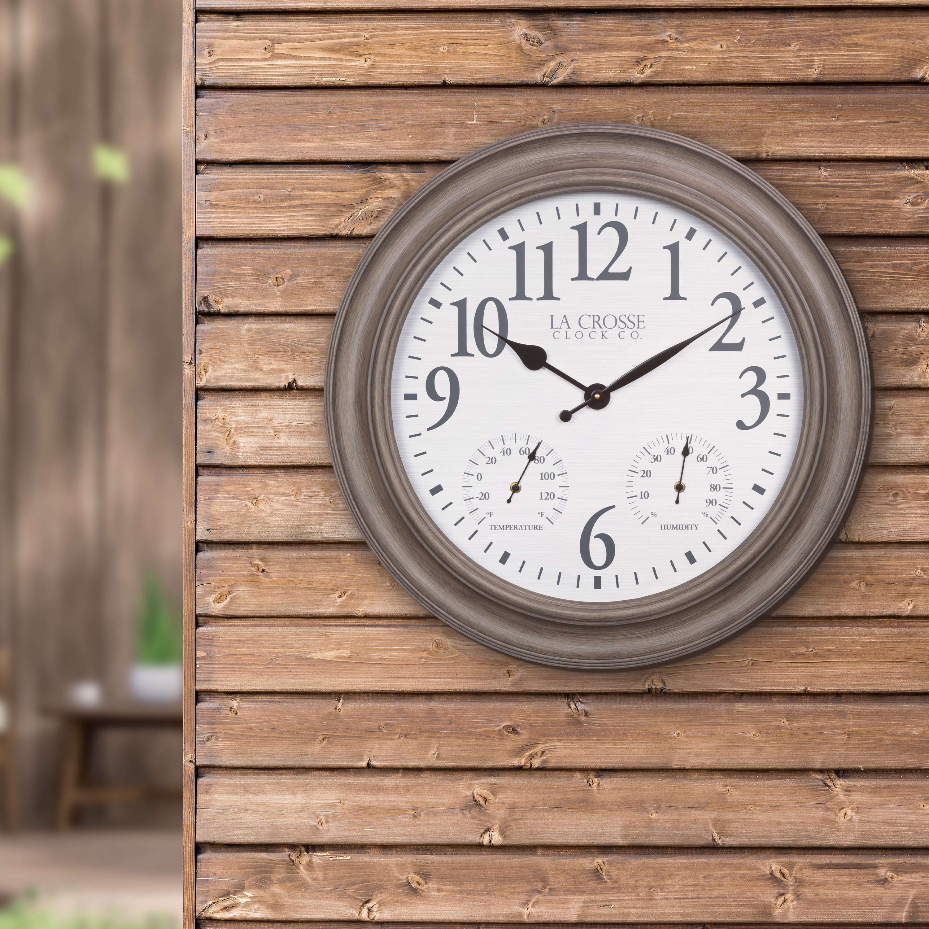 La Crosse 26.2" Outdoor Gray Oak Analog Quartz Wall Clock with Temp & Humidity, 433-3267TH