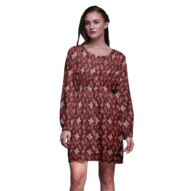 Bimba Chemise Midi Droite à Boutons à Fleurs Rouges pour Femme, Été, Tunique Décontractée - Petit