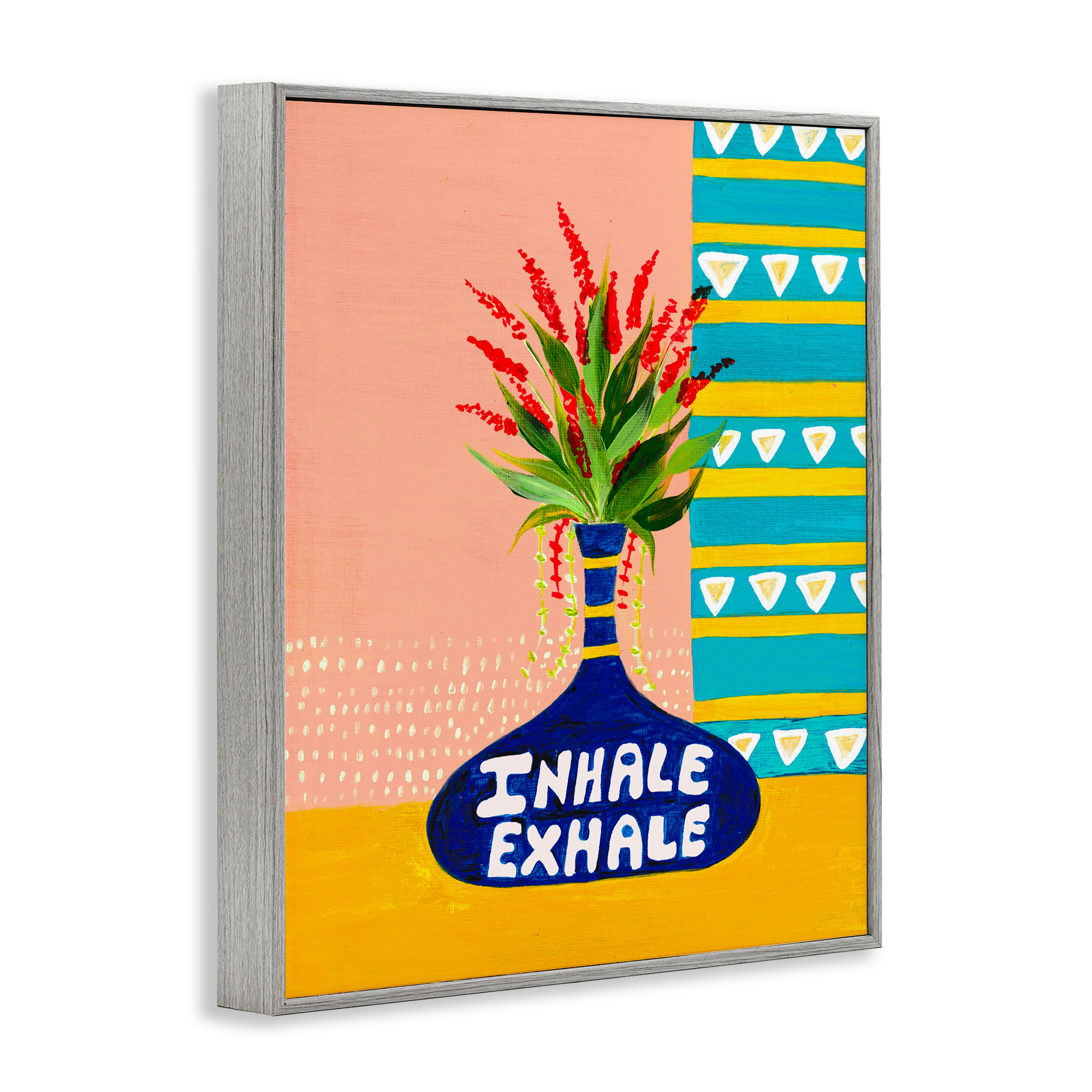 Inhale Exhale Flower Vase Gray Framed Giclee Art, design by Nabeela Rumi