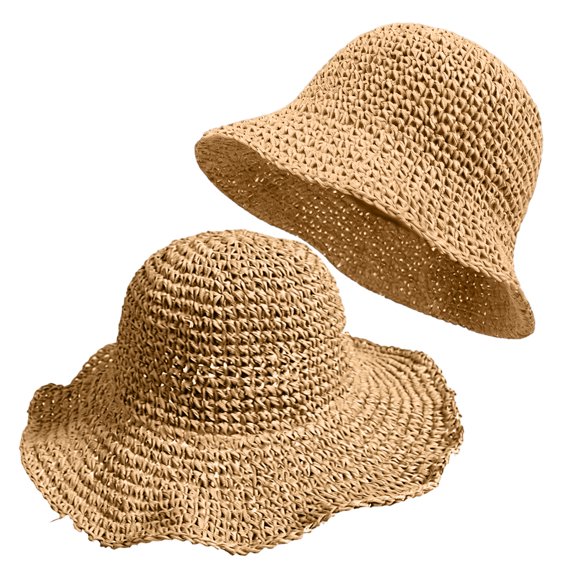 2 PACK Beach Straw Hats for Women Foldable Summer Wide Brim Packable Sun Hat Womens Floppy Big Travel Straw Fedora Hat