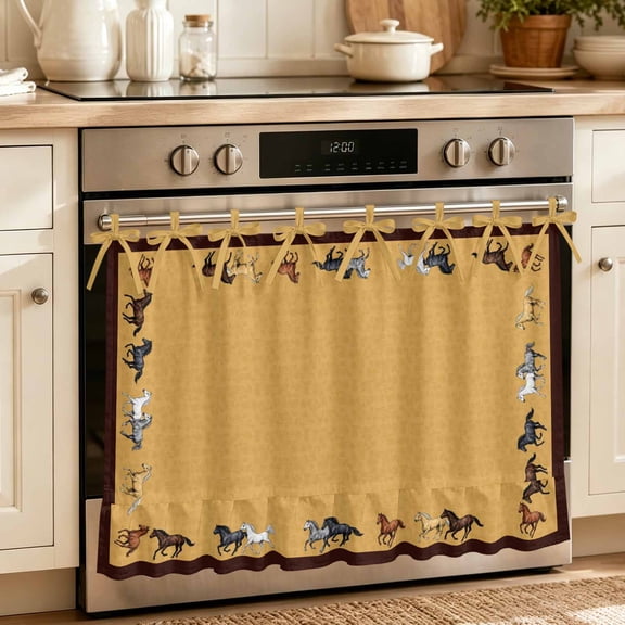 Orange Oven Skirt for Farmhouse Kitchen Décor, Farmhouse Chic Country Nature Horse Oven Curtain Tie Top Decorative Stove Skirt, Cabinet Dish Washer Curtains with 8 Ribbon Ties 32"x24"