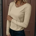 thumbnail image 2 of GEWSEY Long Sleeve Shirts for Women V Neck Ribbed Knit Fitted Fall Basic Tshirts Going Out Tops 2025 Casual Trendy Clothes (Beige, S), 2 of 5