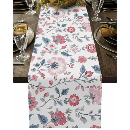 

Farm Ombre Red Pink Floral Table Runners 13x36 Inches Long Linen Burlap Table Runner Blue Green Leaves Table Cover Dresser Scarf for Kitchen Dining Holiday Party Wedding Gathering