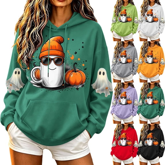 DIOAZUD Halloween Sweatshirts for Women Plus Size Ghost Graphic Pullover Hoodies Vintage Loose Fit Long Sleeve Sweater Tops Halloween Clothes