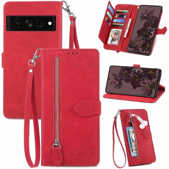Zipper Storage Design Wallet Case for Google Pixel 7, Skin Friendly Feel Leather Case with Magnetic Clasp and Muliti-Card Slots Holster for Google Pixel 7,SZY Red