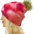 thumbnail image 3 of CC Fur Pom Winter Fall Trendy Chunky Stretchy Cable Knit Beanie Hat (Ribbed Tie Dye Fuchsia/Pink), 3 of 4