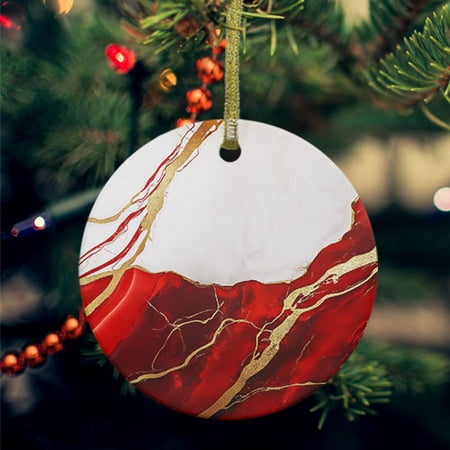 Red Marble Ceramic Ornaments Modern Ink Painting Art Abstract Round Porcelain Hanging Ornaments with Gold String Xmas Decorations Keepsake Gifts for Holiday Home Party 3