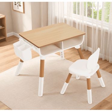 Naipo Adjustable Toddler Table and Chair Set with Drawer and Basket, Kids Furniture for Reading, Drawing, Eating, Preschool, Ages 3-8, White