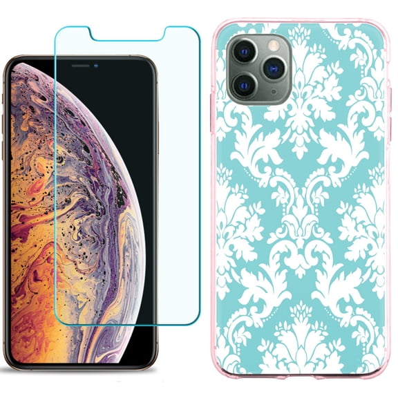 For Apple iPhone 11 PRO Case, Slim-Fit TPU Protective Phone Case (Pink Bezel) with Tempered Glass Screen Protector, by OneToughShield ® - Victorian White/Teal