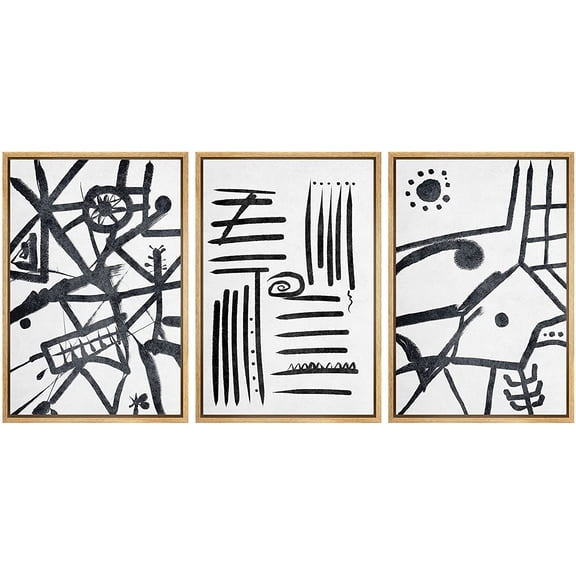 IDEA4WALL Framed Canvas Wall Art Sun, Circles, Grids and Lines Symbols Decorative Brushstroke Drawings Minimalism Global Urban Black and White for Living Room, Bedroom, Office