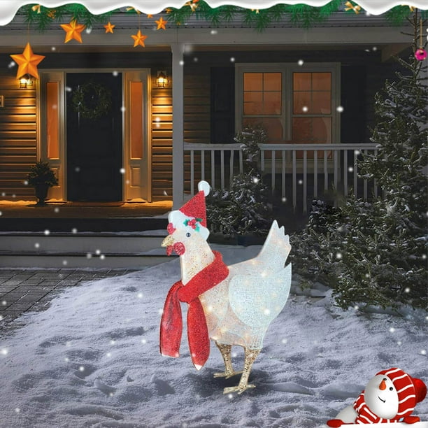 Pollo Iluminado Con Bufanda Pollo iluminado con bufanda Estaca de jardín de gallo brillante de Navidad (Multi Light)