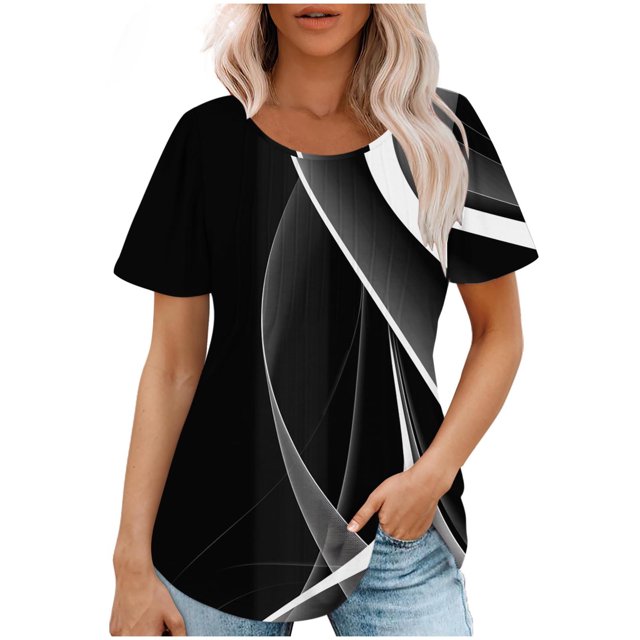 Hauts d'Été à Manches Courtes Femme Mode 2024 Blouses Plissées Chic Décontractées Col Rond T-Shirts de Couleur Unie (X-Grand, Noir 02)