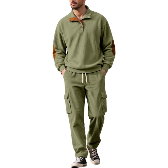 Sweatsuits For Men 2 Piece Set Classic Long Sleeve Corduroy Contrast Collar Sweatshirts And Loose Fit Cargo Joggers Sweatpants Fall Winter Sweat Suit