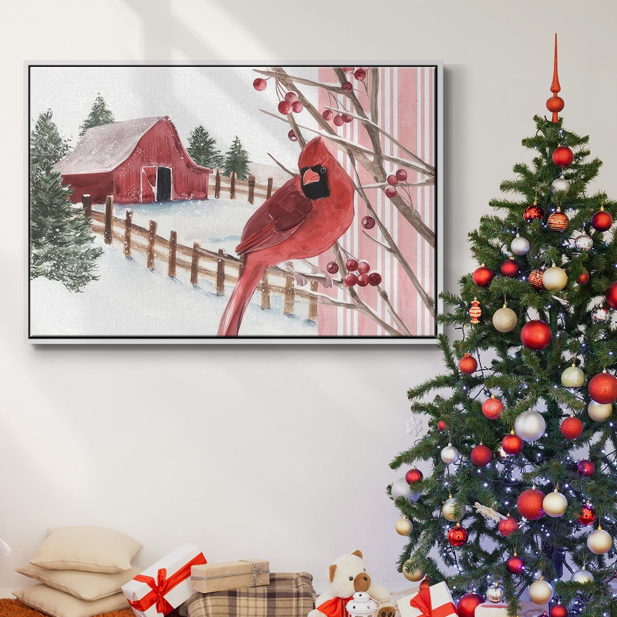 Winter Cardinal Collection A - Framed Gallery Wrapped Holiday Canvas - 25 x 37 - White Frame