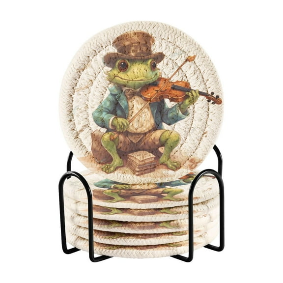 Frog Violin Hat 6 Pcs Drink Coasters with Holder Absorbent Coasters Woven Coasters for Drinks Table Desk Protection Home Decor
