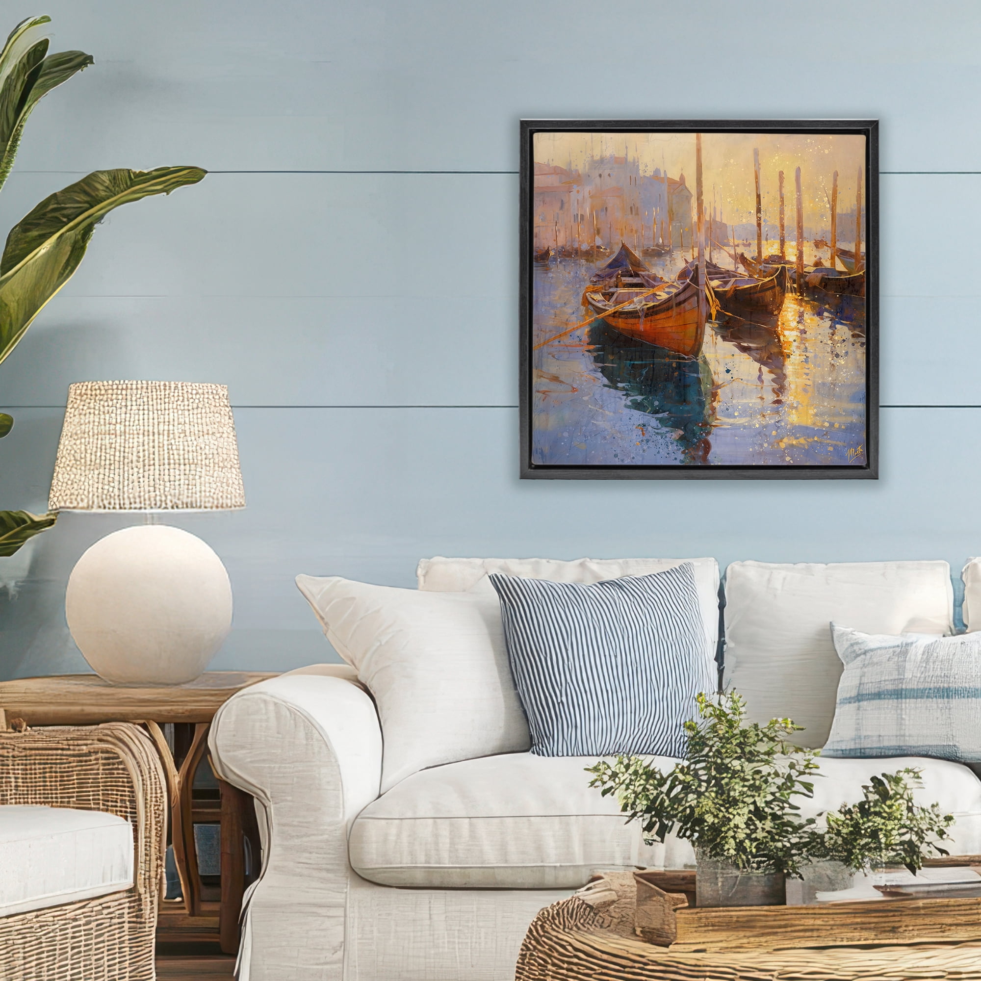 Stupell Industries Speckled Venice Boats Black Framed Floater Canvas Wall Art, design by Marta Wiley