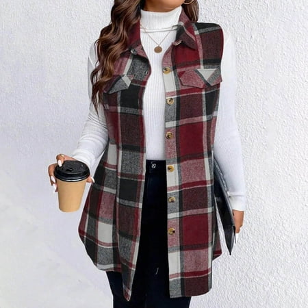 Women s Plaid Vest Outerwear Sleeveless Flannels for Women with Button Fake Pocket Decor Tunic Shirt Shackets (XL Wine)