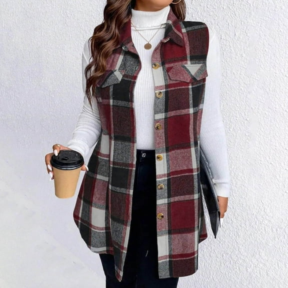 Women's Plaid Vest Outerwear Sleeveless Flannels for Women with Button Fake Pocket Decor Tunic Shirt Shackets (XL, Wine)