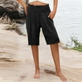 thumbnail image 4 of Iugvhana Shorts for Women Summer Casual Smocked High Waisted Loose Shorts Knee High Vacation Beach Wide Leg Shorts with Pockets Black M, 4 of 8