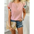 thumbnail image 3 of Womens Shirts Floral Crochet Short Sleeve Crewneck Shirt Casual Pullover Blouse Summer Tops Pink L, 3 of 8