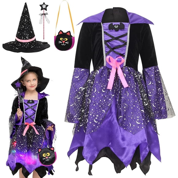 TSADFHJI Robe de Demoiselle d'Honneur à Manches Longues pour Bébé Fille 9-12 Mois Ensemble Lumineux Sorcière Fête Déguisement avec Chapeau Bâton de Fée et Sac Fourre-Tout Violet 4-6 Ans